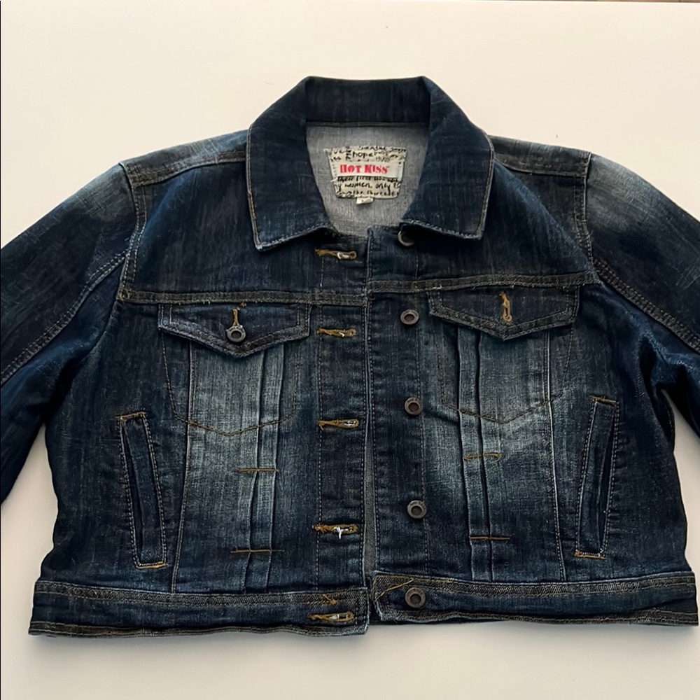 Hot Kiss Blue Denim “Distressed” Cropped Jacket L